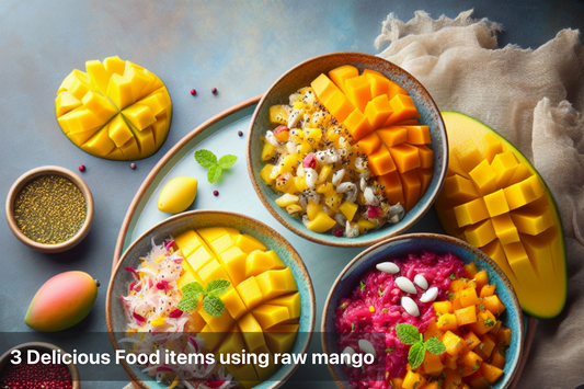 Three bowls of delicious dishes made with raw mango, showcasing vibrant colors and textures.