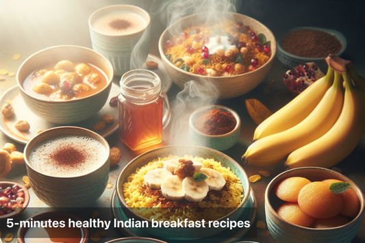 Healthy Indian breakfast spread with fruits and various dishes
