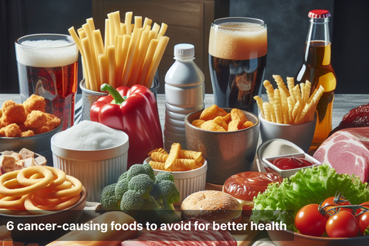 Variety of cancer-causing foods including fried items and sugary drinks.