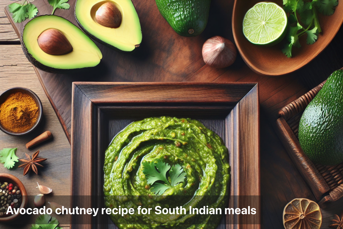 Delicious avocado chutney served with fresh avocados and spices for South Indian meals.