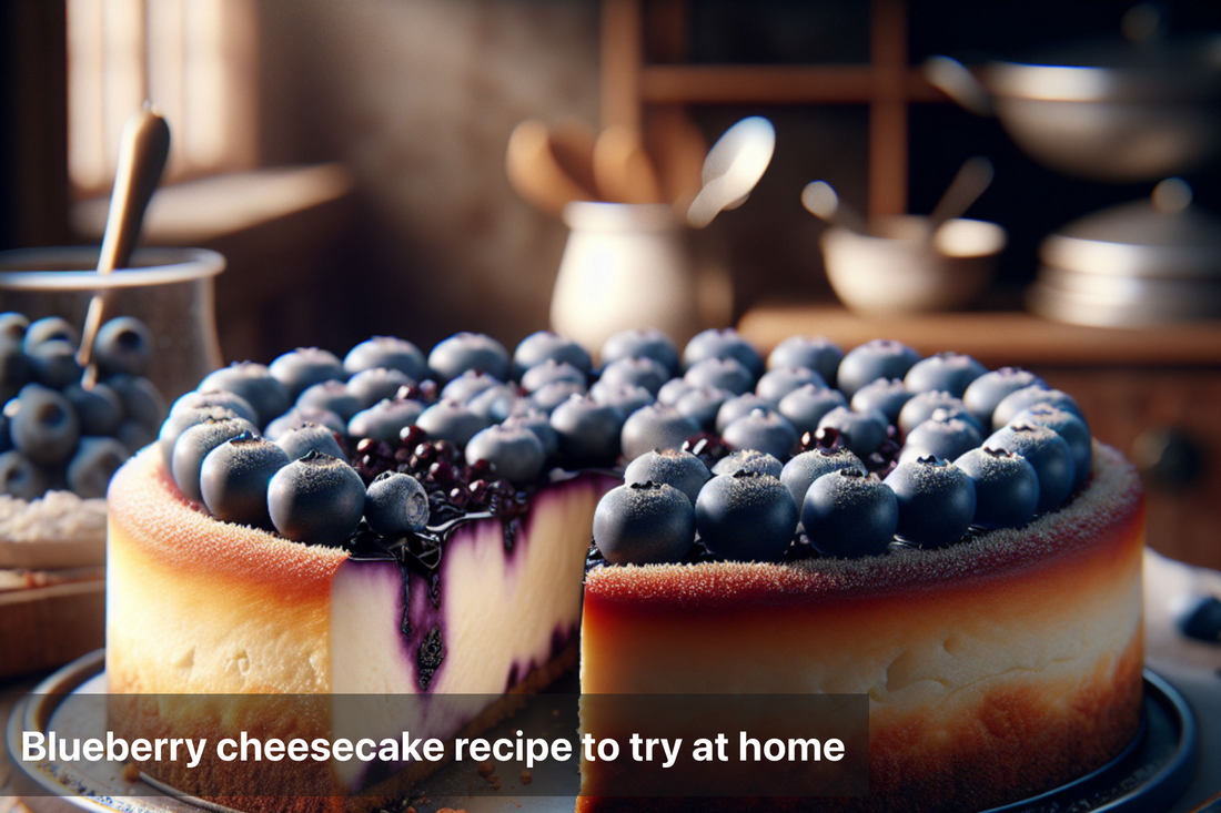 Homemade blueberry cheesecake topped with fresh blueberries
