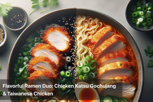 Delicious ramen featuring Chicken Katsu Gochujang and Taiwanese Chicken.