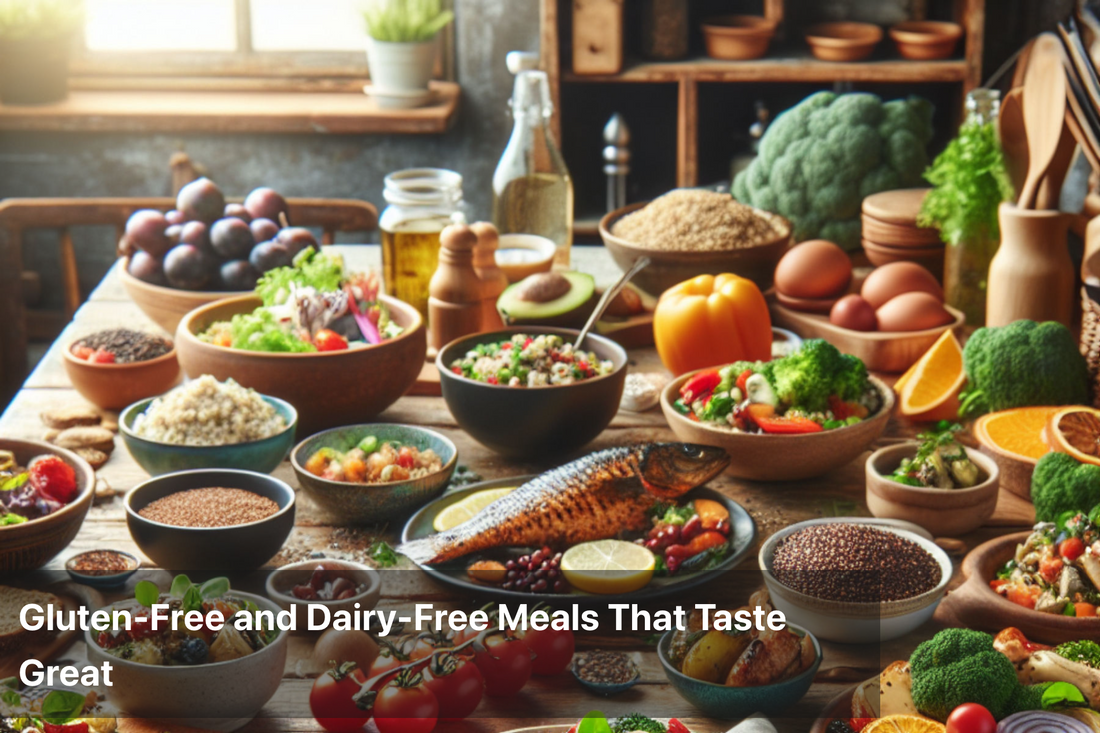 A variety of colorful gluten-free and dairy-free meals on a wooden table