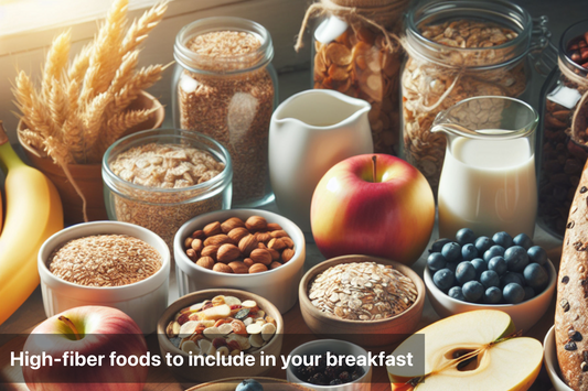 An assortment of high-fiber foods for breakfast including oats, fruits, and nuts.