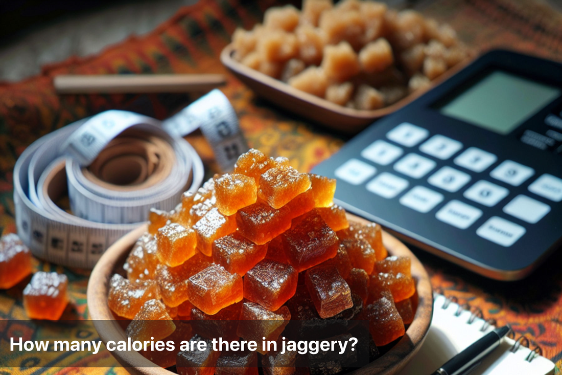 Image of jaggery cubes with tape measure and calculator.
