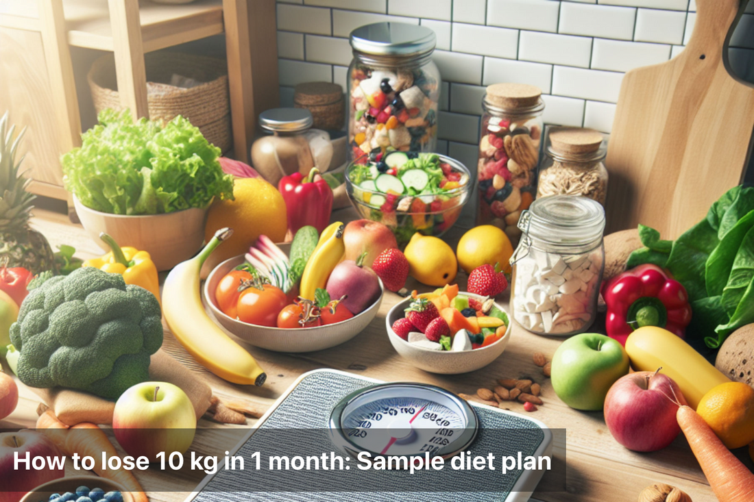 Fresh fruits and vegetables with a scale for dieting