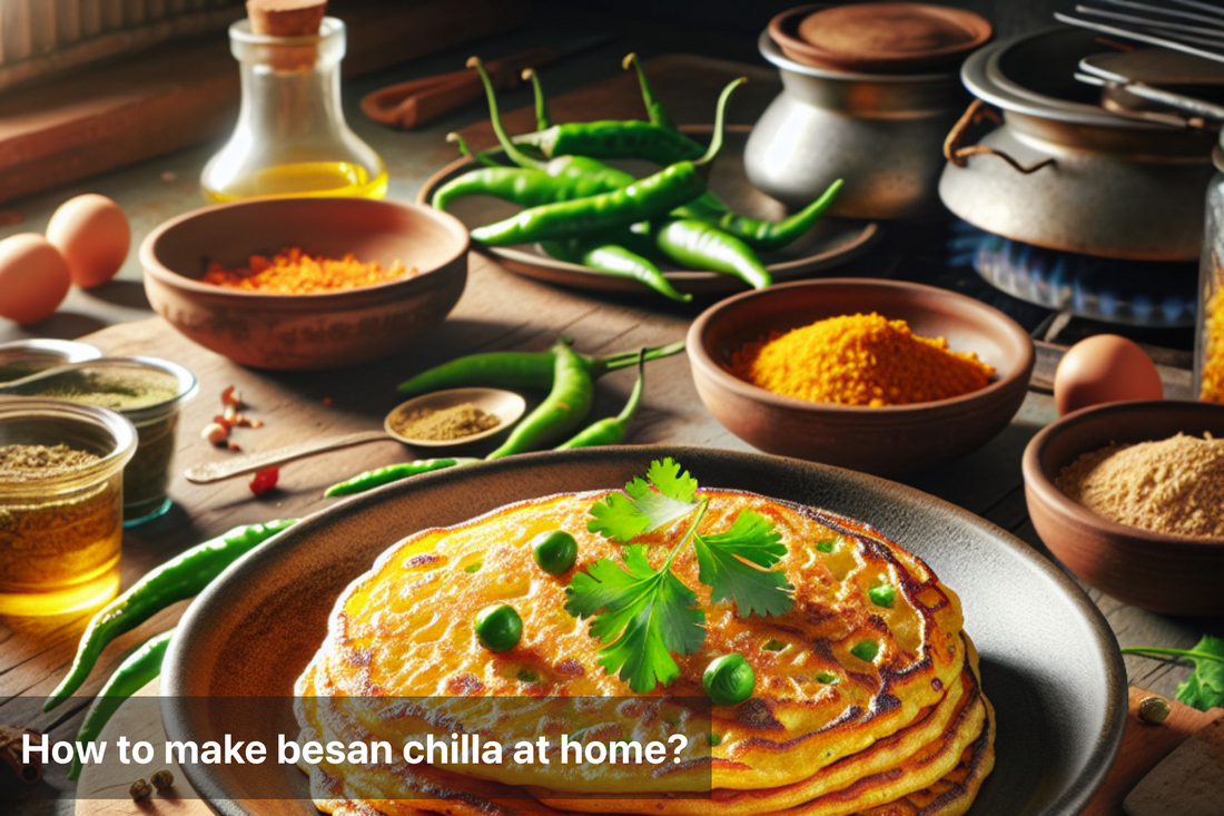 Homemade besan chilla with spices and ingredients on a kitchen table