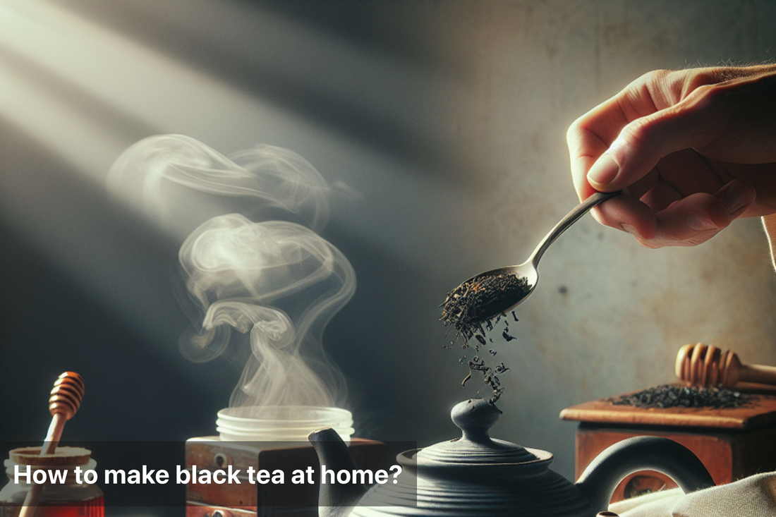 Hand adding tea leaves to a teapot for black tea