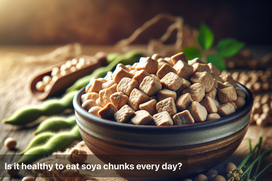 Bowl of soya chunks on a wooden surface, healthy diet concept.