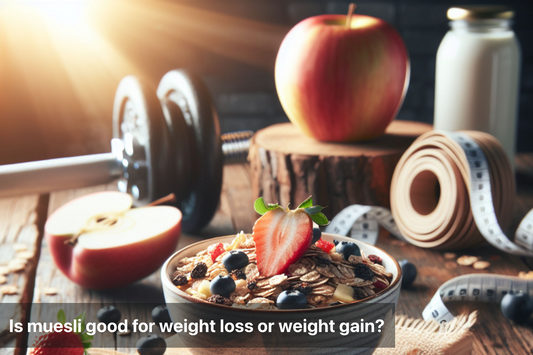 Bowl of muesli with fruits, weights, and measuring tape