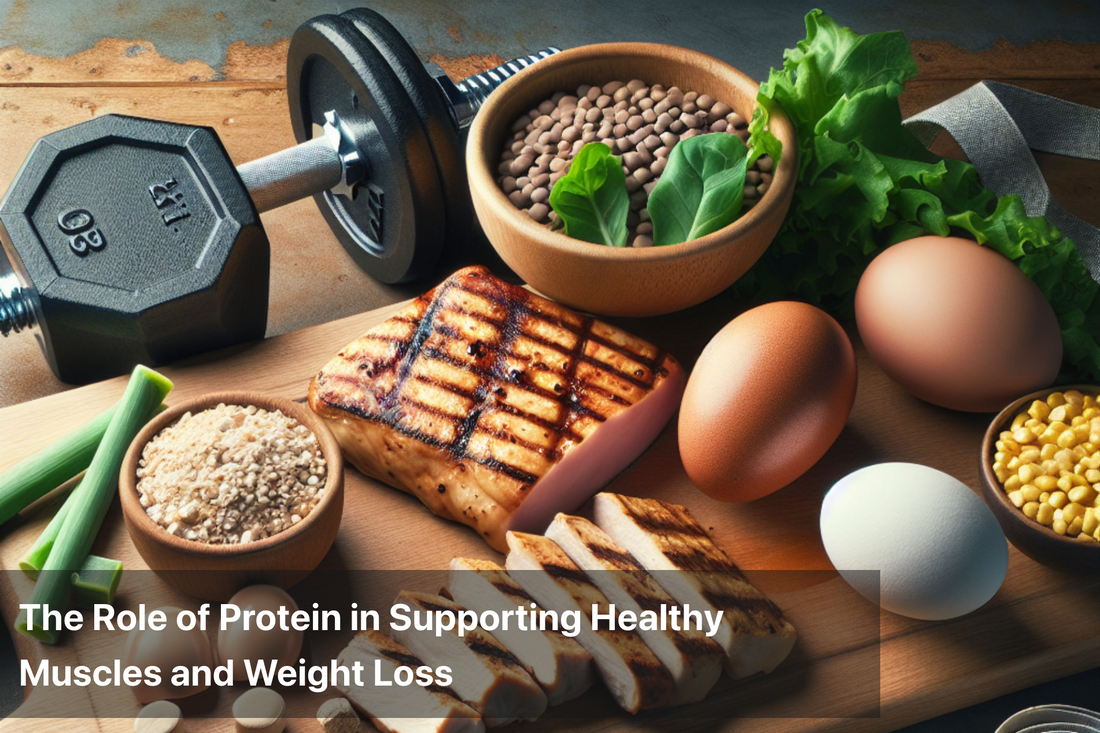 Healthy foods and weights showcasing protein's role in fitness.