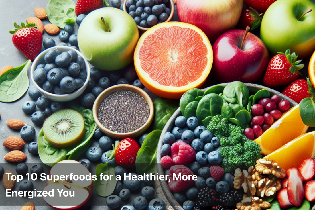 Assorted superfoods including fruits, greens, and nuts for optimal health.