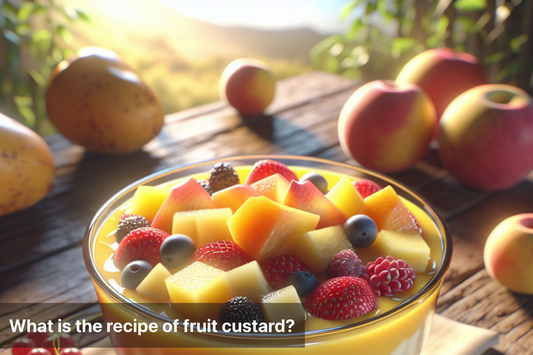 A colorful bowl of fruit custard surrounded by fresh fruits on a wooden table.