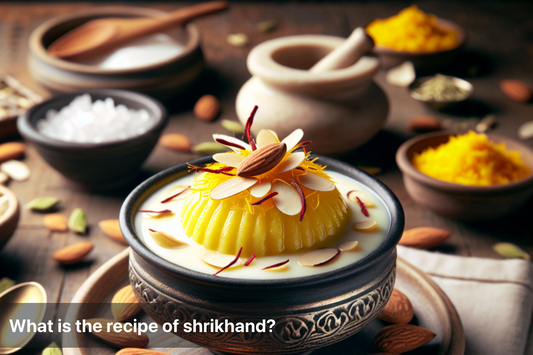 Delicious shrikhand garnished with almonds and saffron in a traditional bowl.