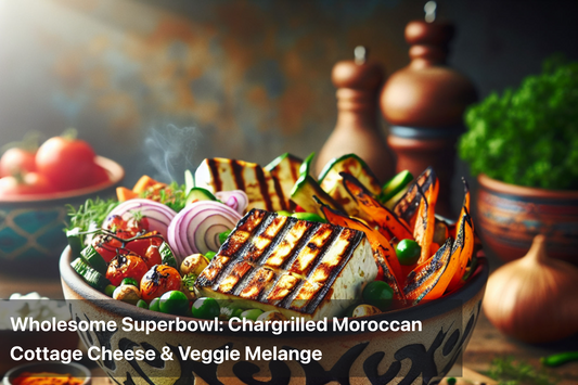 Delicious chargrilled Moroccan cottage cheese with mixed vegetables in a vibrant bowl.