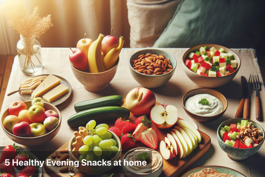 A variety of healthy evening snacks including fruits and dips.