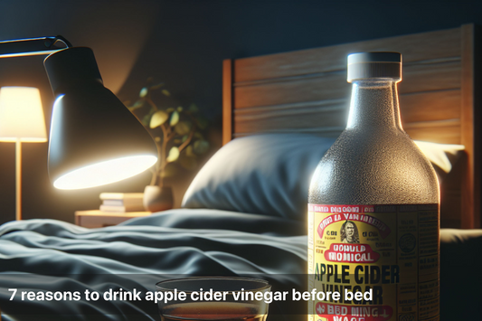 A bottle of apple cider vinegar on a bedside table in a cozy bedroom.
