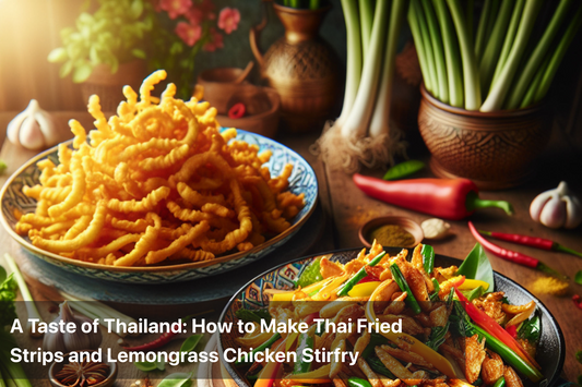 Thai fried strips and lemongrass chicken stir-fry on plates