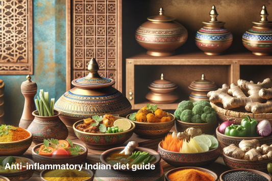 A colorful display of spices and healthy foods for an anti-inflammatory Indian diet