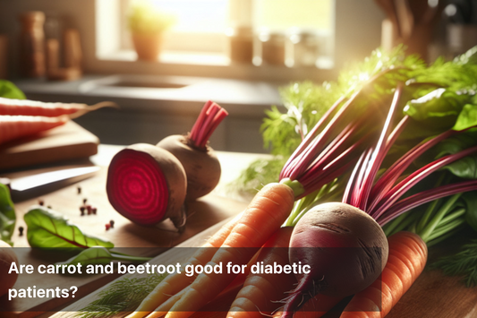 Fresh carrots and beetroot on a kitchen table, healthy options for diabetics.