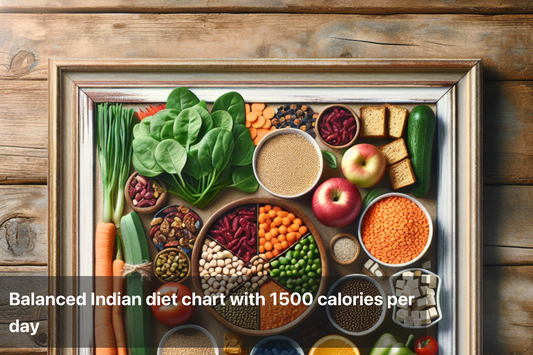 Colorful ingredients and meals in a balanced Indian diet chart for 1500 calories