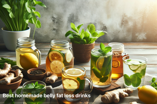 Variety of homemade drinks for belly fat loss with lemon, mint, and ginger