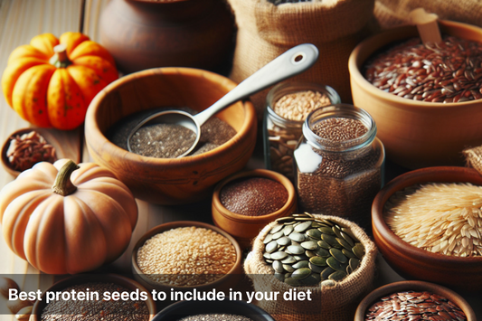 A variety of protein seeds displayed in bowls and bags for a healthy diet