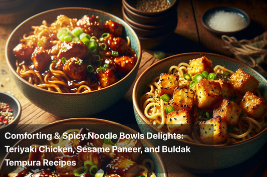 Three bowls of comforting spicy noodle dishes featuring Teriyaki chicken, sesame paneer, and buldak tempura.
