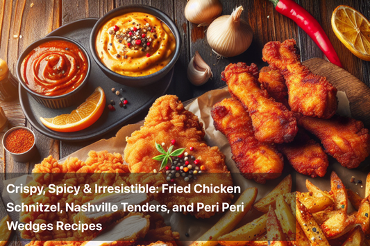 Delicious spread of fried chicken, schnitzel, and peri peri wedges on a wooden table