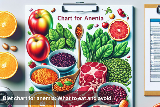 Colorful diet chart for anemia featuring healthy foods like beans, greens, and fruits.