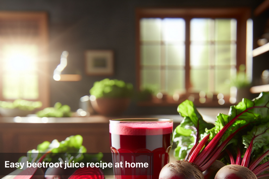 Freshly made beetroot juice surrounded by beets and greens