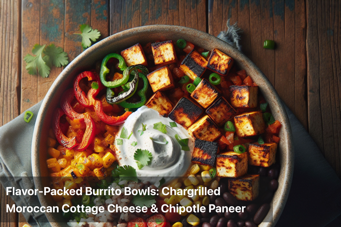 Colorful burrito bowl with Moroccan cottage cheese and vegetables