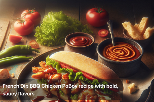 Delicious French Dip BBQ Chicken PoBoy with fresh ingredients and sauces