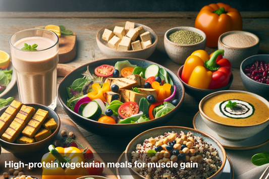Delicious high-protein vegetarian meals for muscle gain, featuring vibrant salads, smoothies, and legumes.
