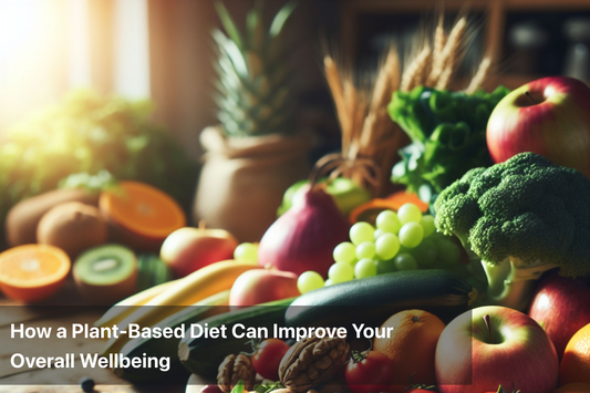 Vibrant assortment of fruits and vegetables promoting a plant-based diet for better health.