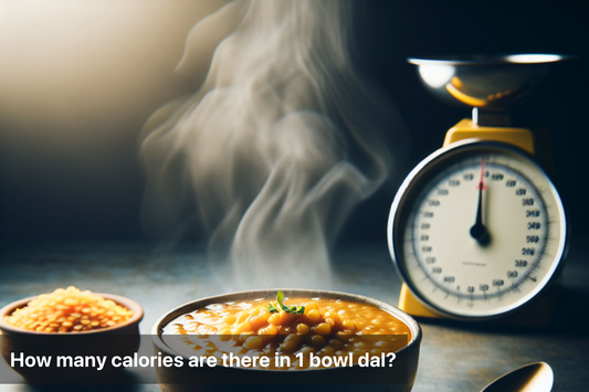 A bowl of steaming dal next to a scale, showcasing calorie content.