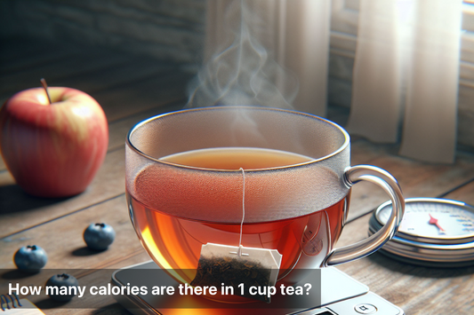 A steaming cup of tea with a tea bag, showcasing calorie content.