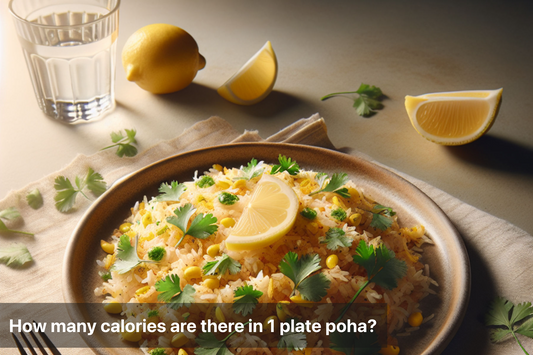 Delicious plate of poha garnished with lemon and cilantro.