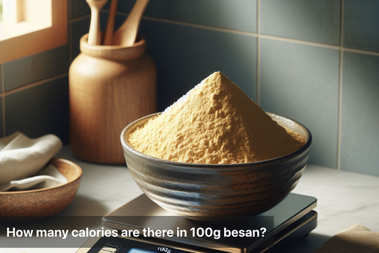 Bowl of besan on a scale, representing calorie content.