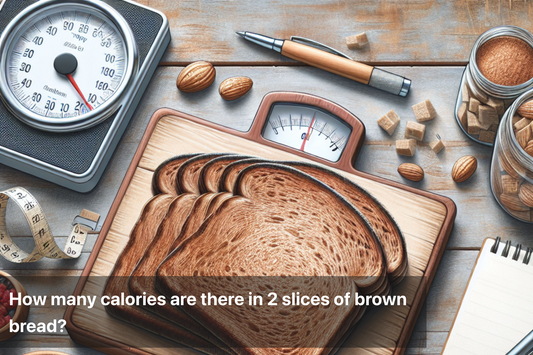 Image showing brown bread slices on a wooden board with a scale, measuring calories.