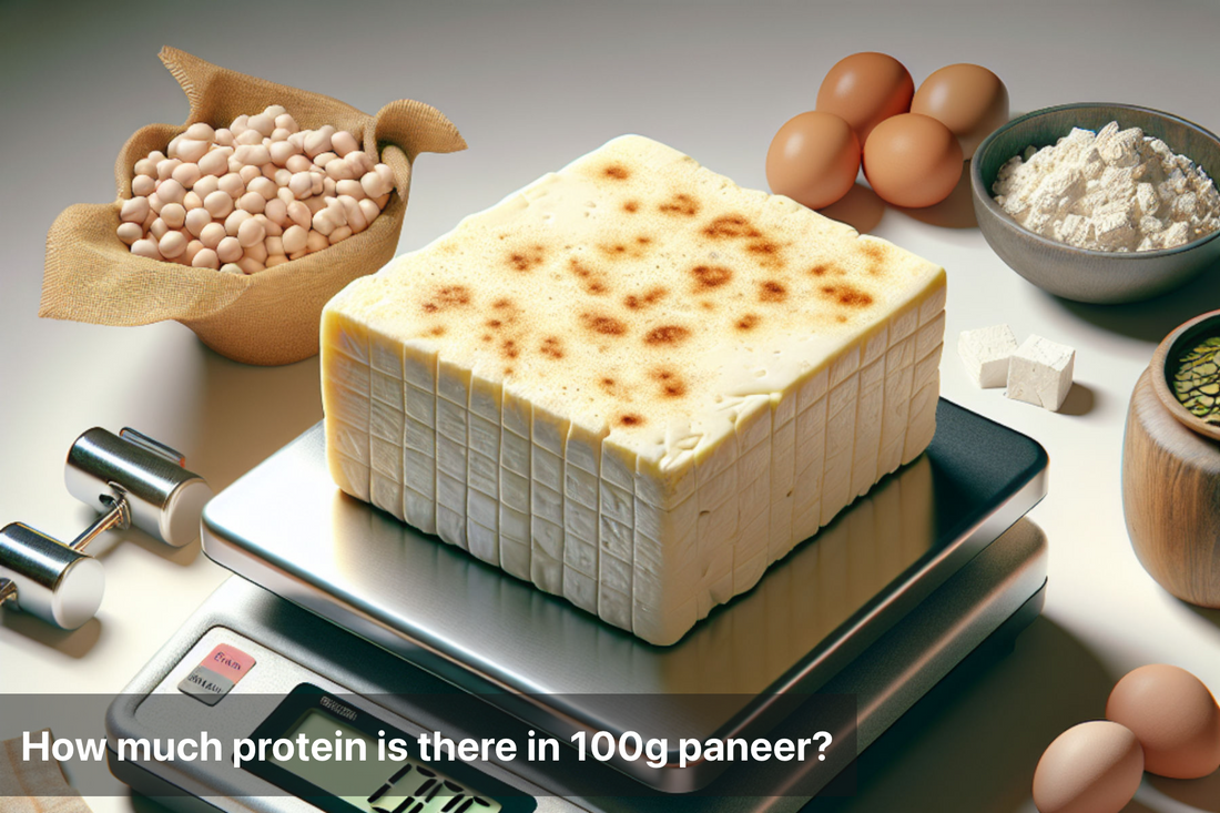100g paneer on a scale with ingredients around it
