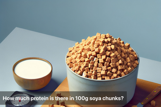 A bowl of soya chunks showcasing protein content for 100g.