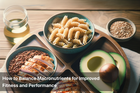 A healthy plate with pasta, chicken, avocado, and oil, representing balanced macronutrients.