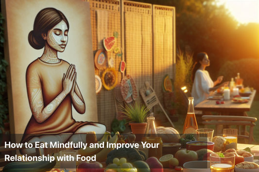 A serene woman practicing mindfulness while surrounded by healthy food, promoting mindful eating.