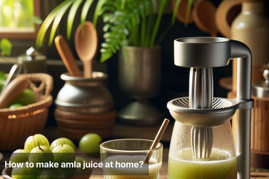 Fresh amla juice being made at home with a juicer