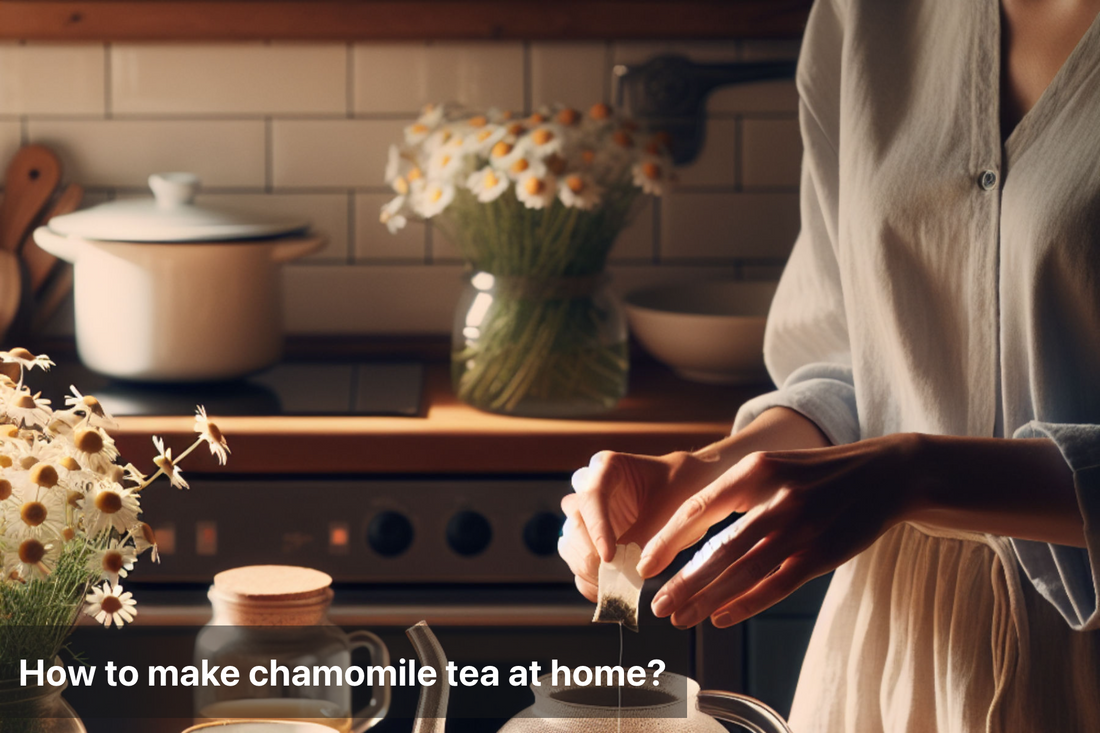 Person preparing chamomile tea in a cozy kitchen setting