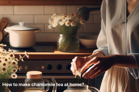 Person preparing chamomile tea in a cozy kitchen setting