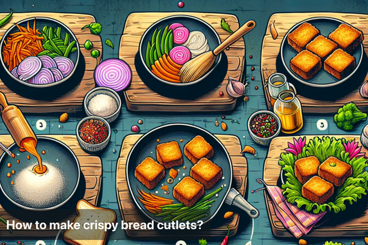 Cooking ingredients for crispy bread cutlets on wooden tables.