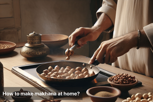 A person preparing makhana in a traditional kitchen setting