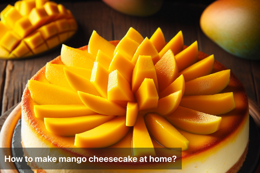 Homemade mango cheesecake topped with fresh mango slices